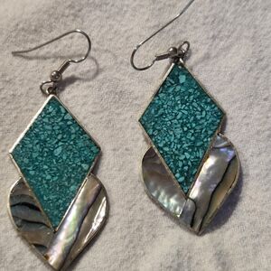 Southwestern Alpaca Crushed Turquoise and Abalone Sterling Silver Earrings